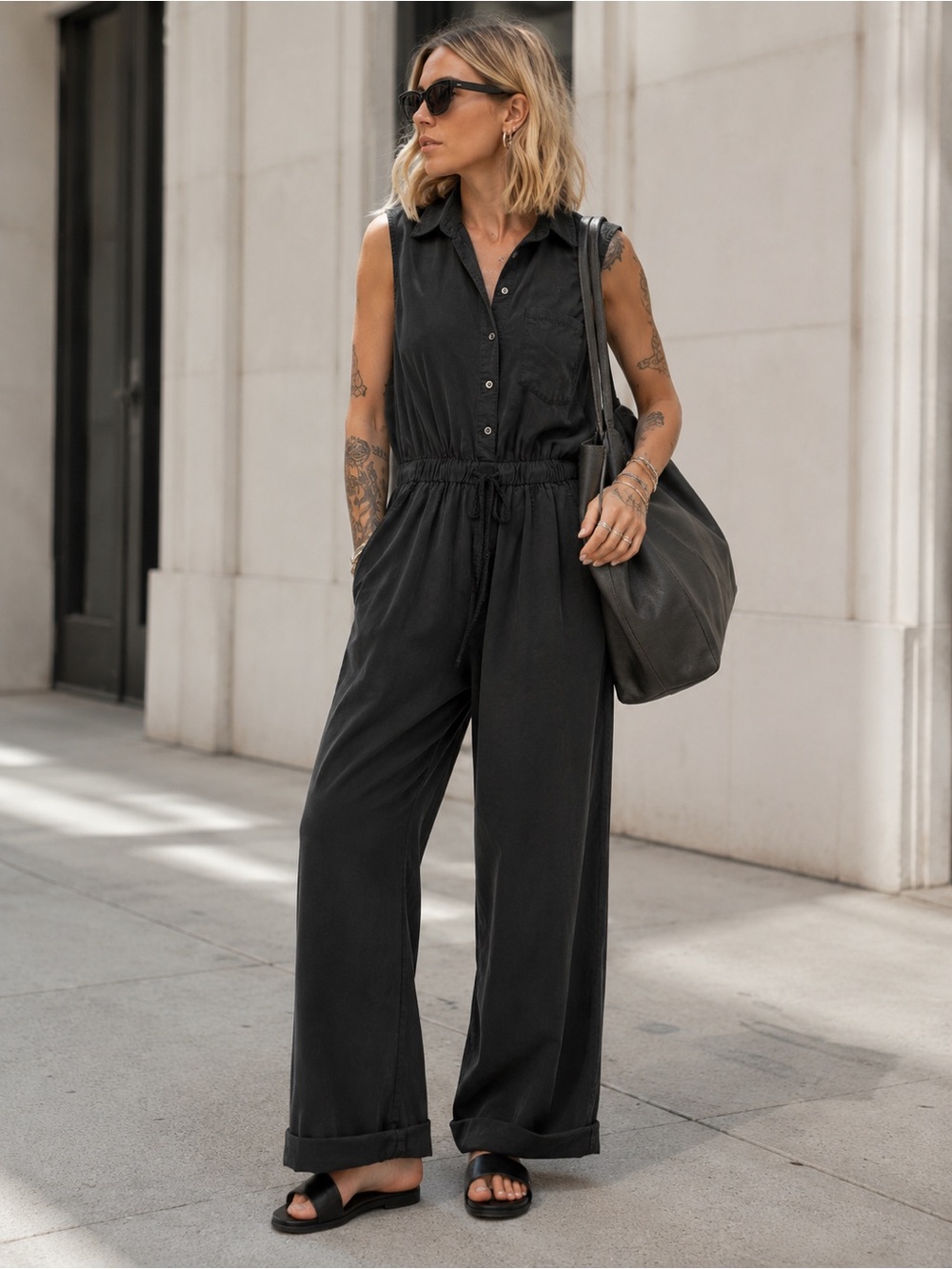 Saks Fifth Avenue Sleeveless Black Button-Front Jumpsuit